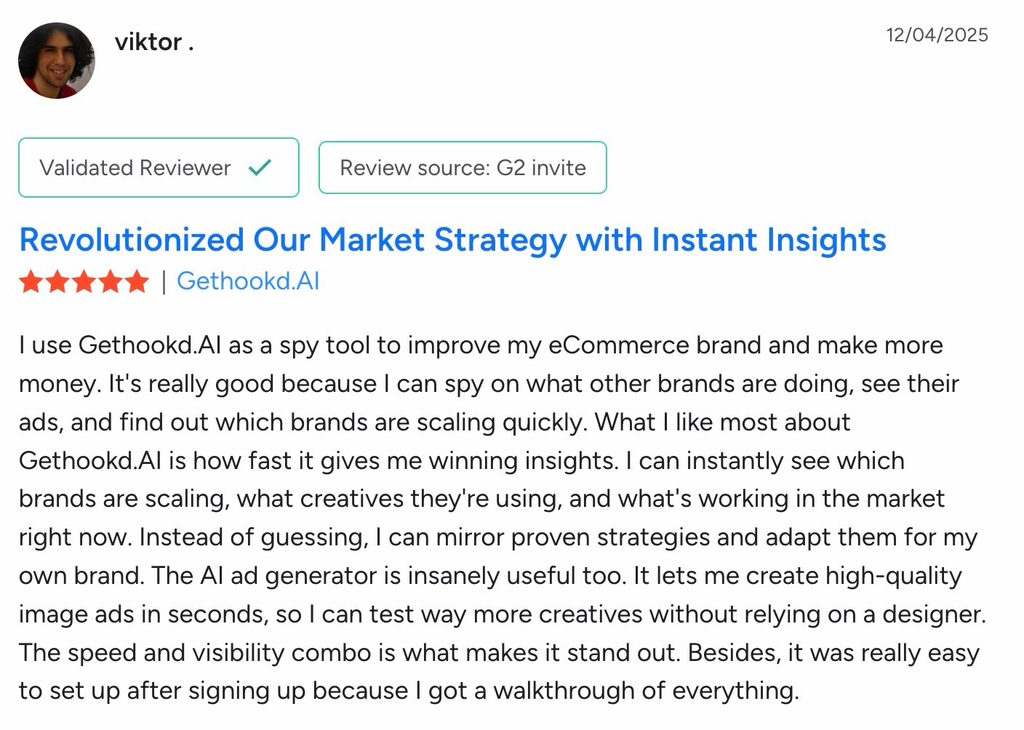 Five-star G2 review praising GetHookd for competitor research, scaling insights, and fast AI ad creation.