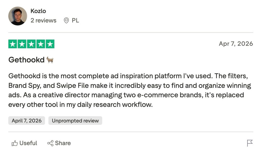 Five-star Trustpilot review praising GetHookd as the most complete ad inspiration platform for e-commerce brands.