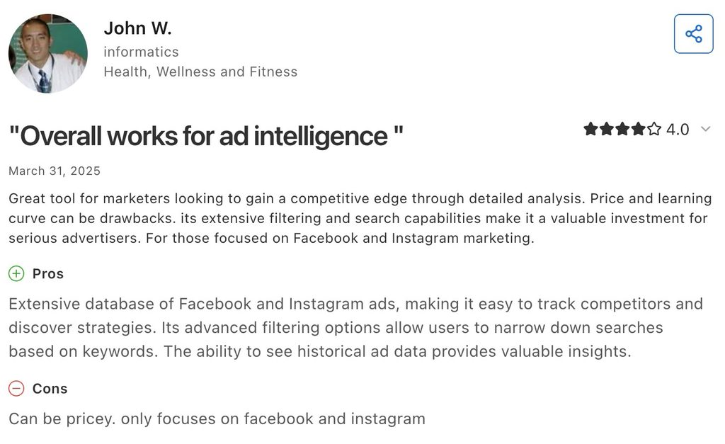 Four-star Capterra review of AdSpy praising its ad database and filters, criticizing price.