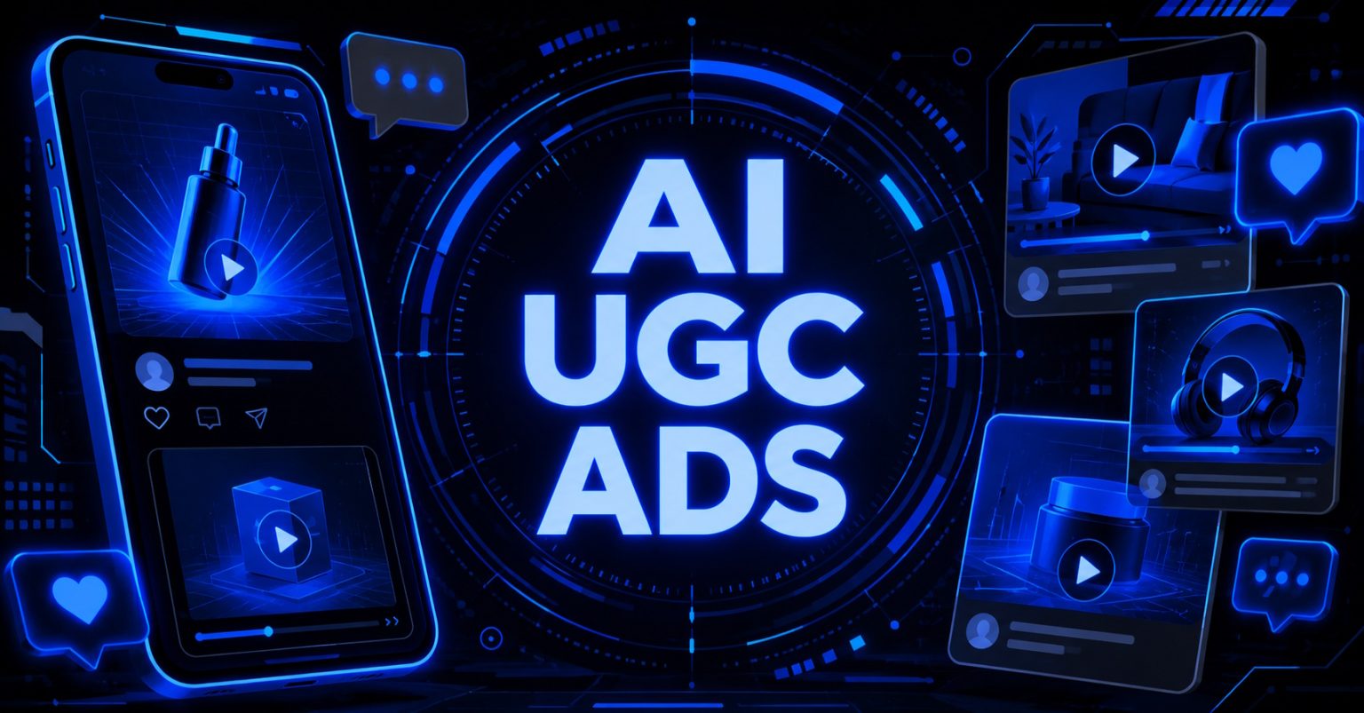Futuristic blue graphic displaying "AI UGC Ads" surrounded by mobile screens and social media engagement icons.