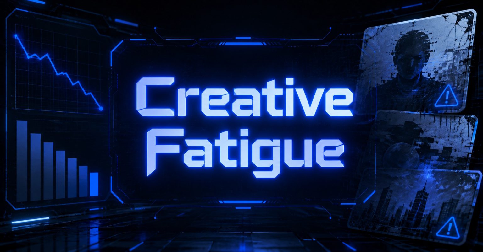Futuristic dashboard displaying "Creative Fatigue" with declining charts and warning icons signaling ad performance drops