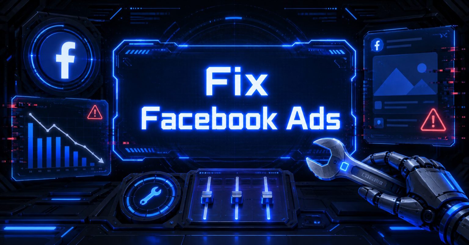 Futuristic dashboard with Facebook icons, declining ad metrics, and repair tools symbolizing Facebook ad troubleshooting.