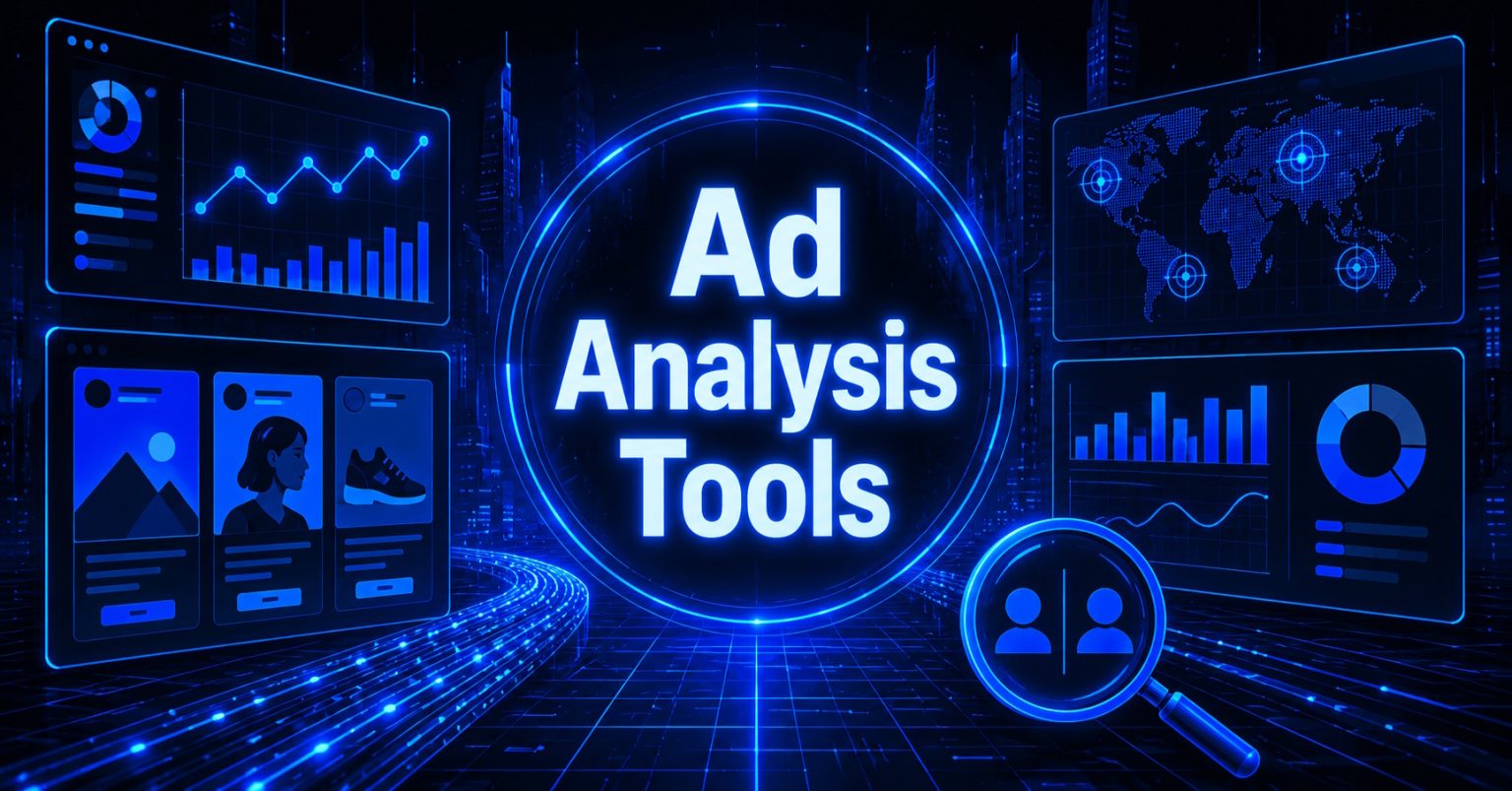 Futuristic digital graphic displaying "Ad Analysis Tools" surrounded by charts, dashboards, and a magnifying glass icon.
