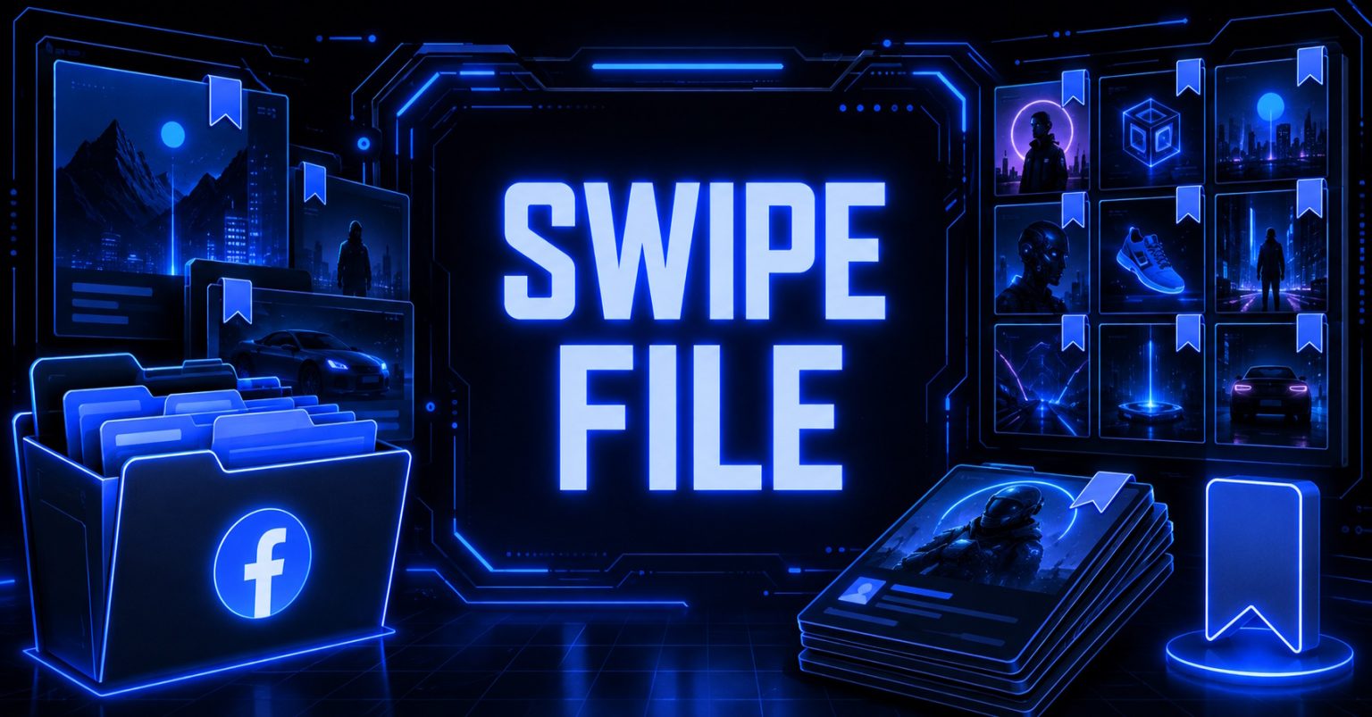 Futuristic digital swipe file concept with Facebook ad folders and saved competitor ad thumbnails.