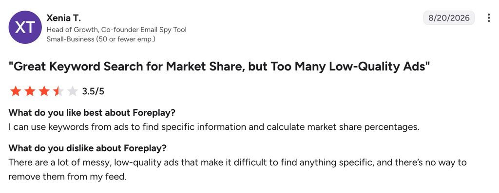 G2 review of Foreplay rating it 3.5 stars, praising keyword search but criticizing low-quality ads.