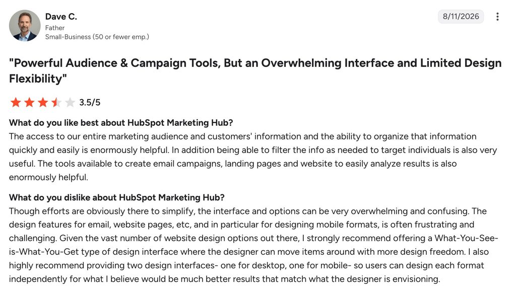 G2 review of HubSpot Marketing Hub praising campaign tools while criticizing its overwhelming interface and design limits.