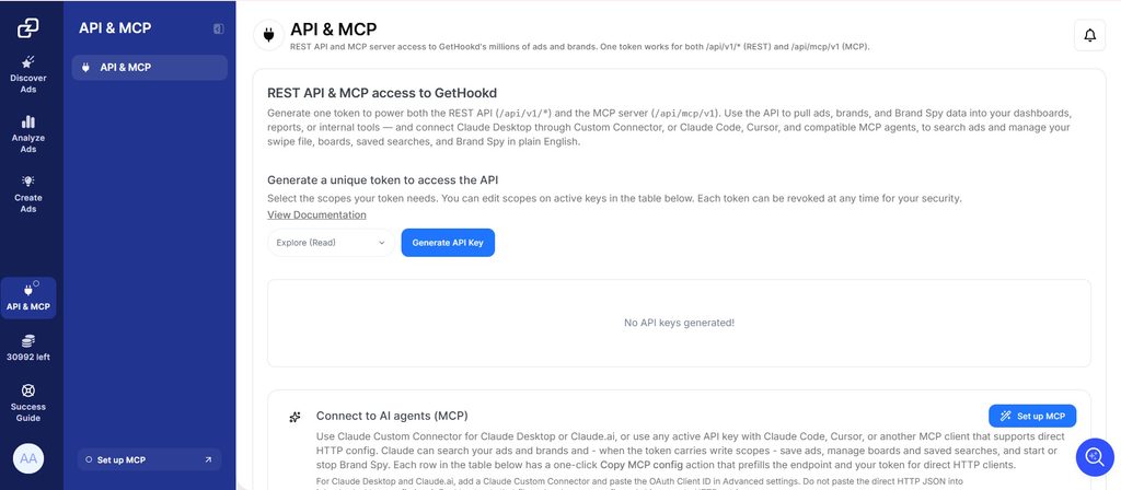 GetHookd API and MCP dashboard showing the scope dropdown set to Explore Read and a Generate API Key button.