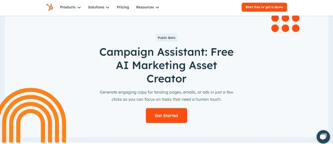 HubSpot Campaign Assistant landing page promoting its free AI marketing asset creator in public beta.