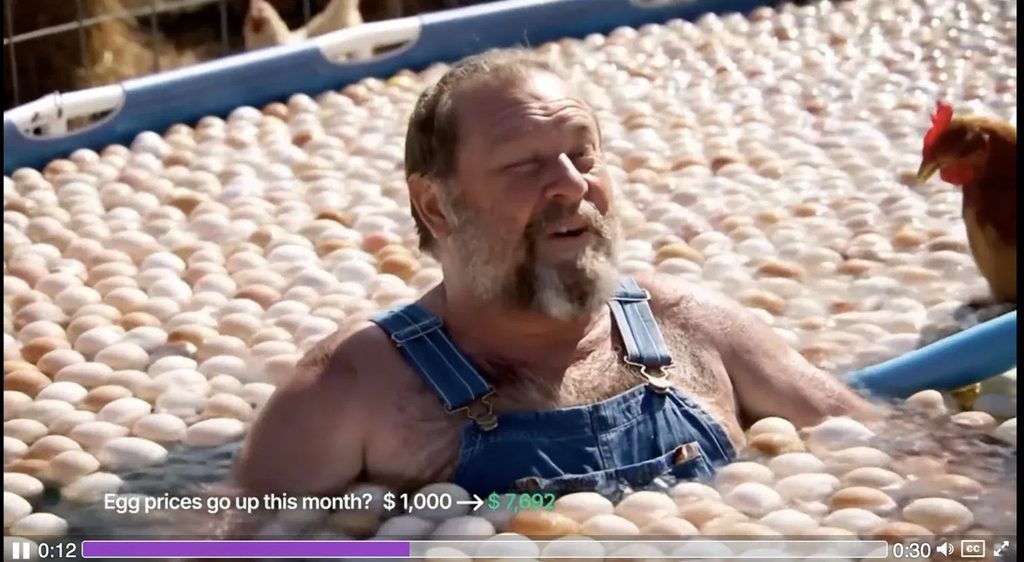 Kalshi AI ad scene with a man in a pool of eggs and an egg-price trading overlay from Veo 3 spot.Kalshi AI ad scene with a man in a pool of eggs and an egg-price trading overlay from Veo 3 spot.