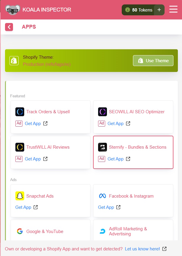 Koala Inspector app panel showing detected Shopify theme, featured apps, and ad platform integrations with token counter.