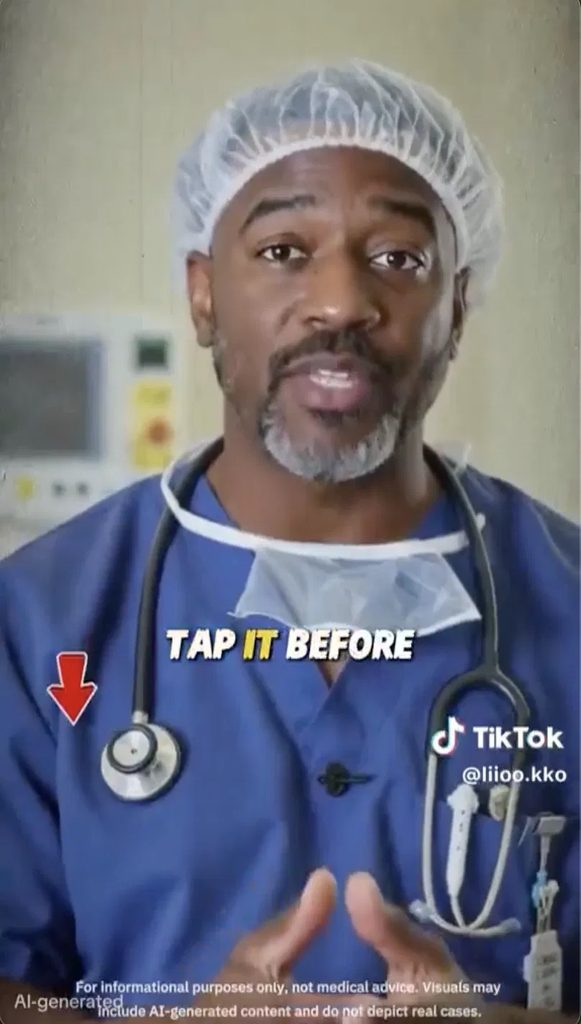 LAIFE AI UGC ad featuring synthetic doctor avatar with AI-generated label and disclaimer overlay.