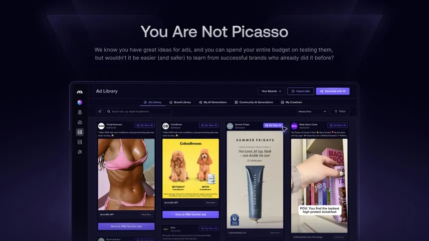 Madgicx Ad Library interface showing saved competitor ad creatives with AI generation options above.
