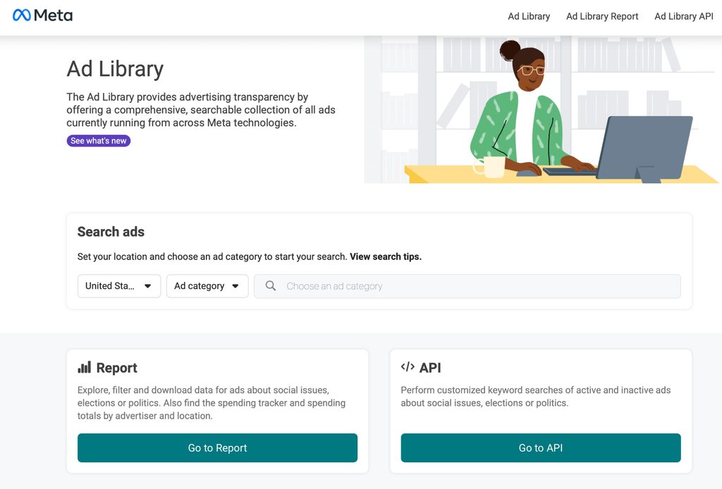 Meta Ad Library homepage showing ad search filters for location, category, and keyword lookup.