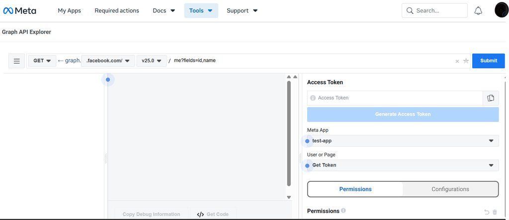 Meta Graph API Explorer interface showing the Access Token panel.