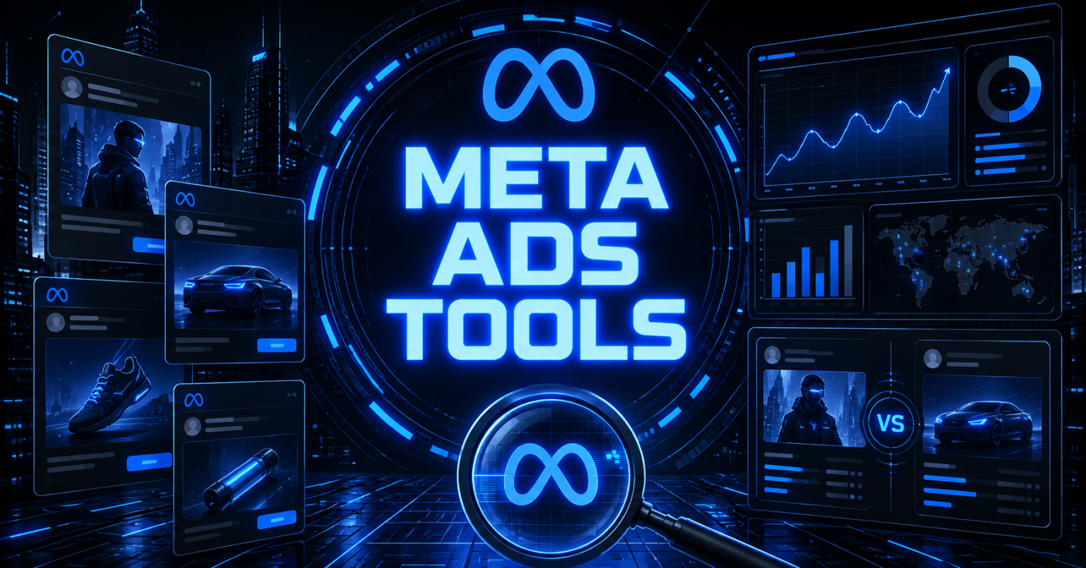 Meta ads tools graphic with competitor ad cards, performance charts, and magnifying glass over Meta logo.