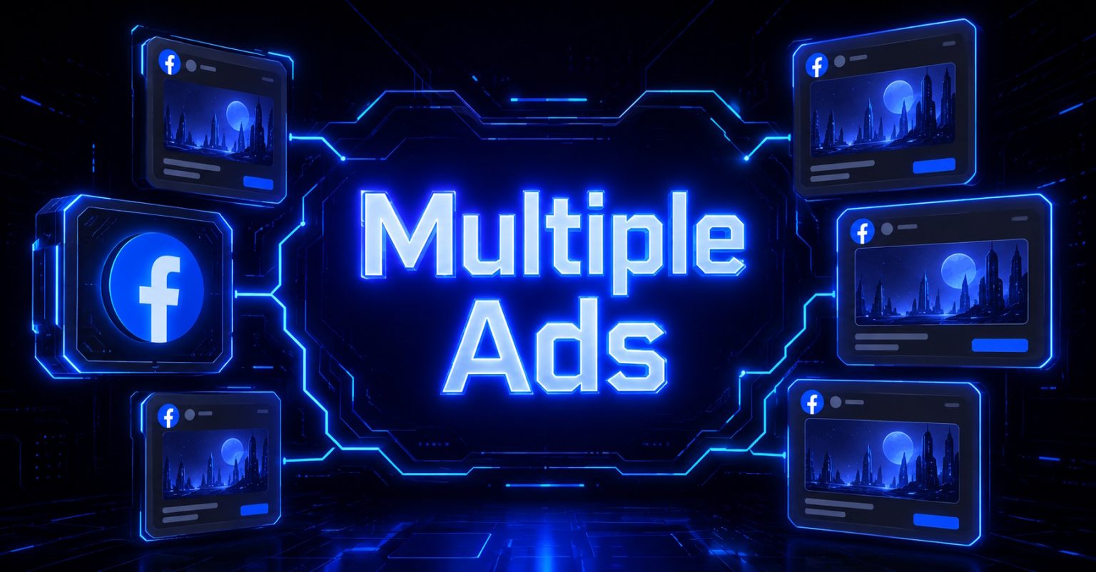 Multiple Facebook ad previews connected by glowing circuits with "Multiple Ads" text centered.