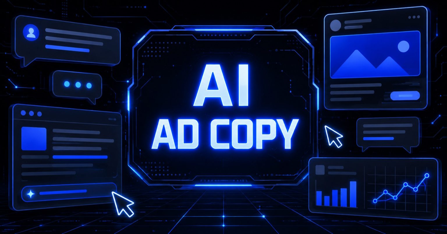 Neon "AI Ad Copy" screen surrounded by Facebook ad mockups, comment bubbles, and performance charts.