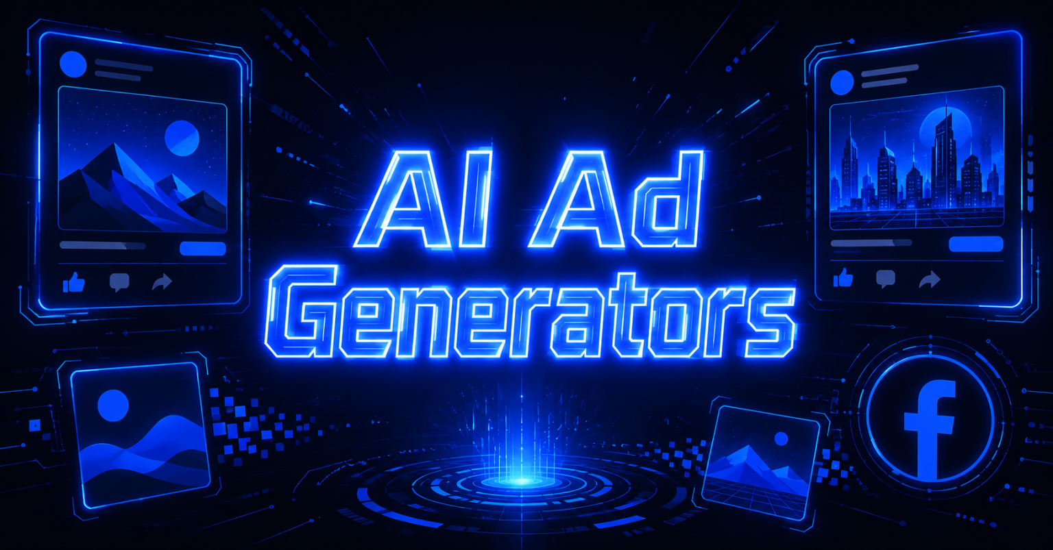 Neon AI Ad Generators title surrounded by glowing Facebook ad mockups and image placeholders.