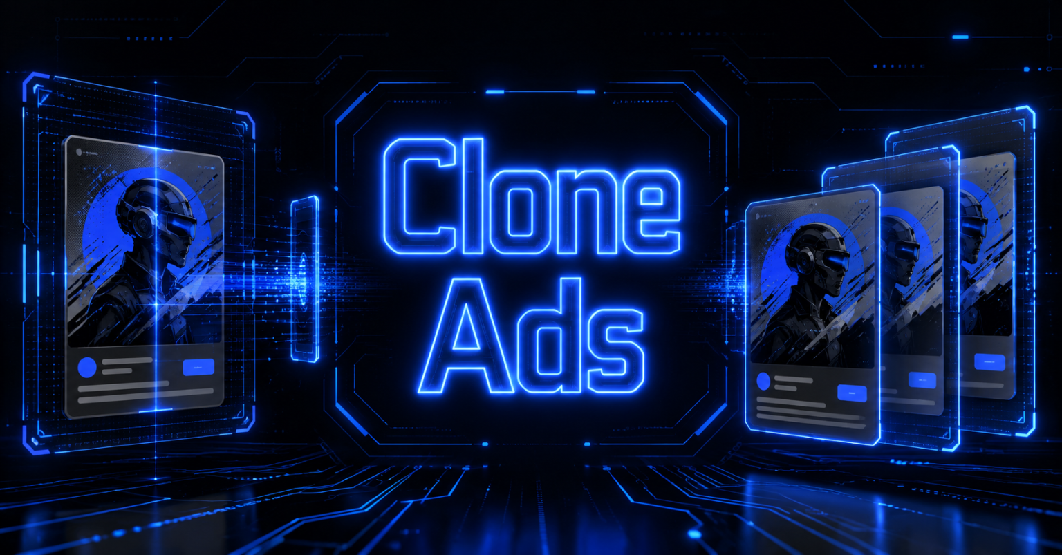 Neon "Clone Ads" graphic with duplicated ad creatives representing AI tools that clone competitor ads.