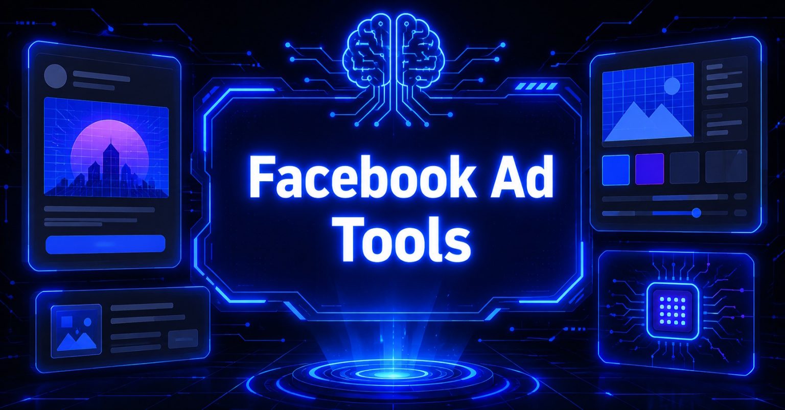 Neon "Facebook Ad Tools" display with AI brain, ad mockups, analytics panels, and circuit graphics.