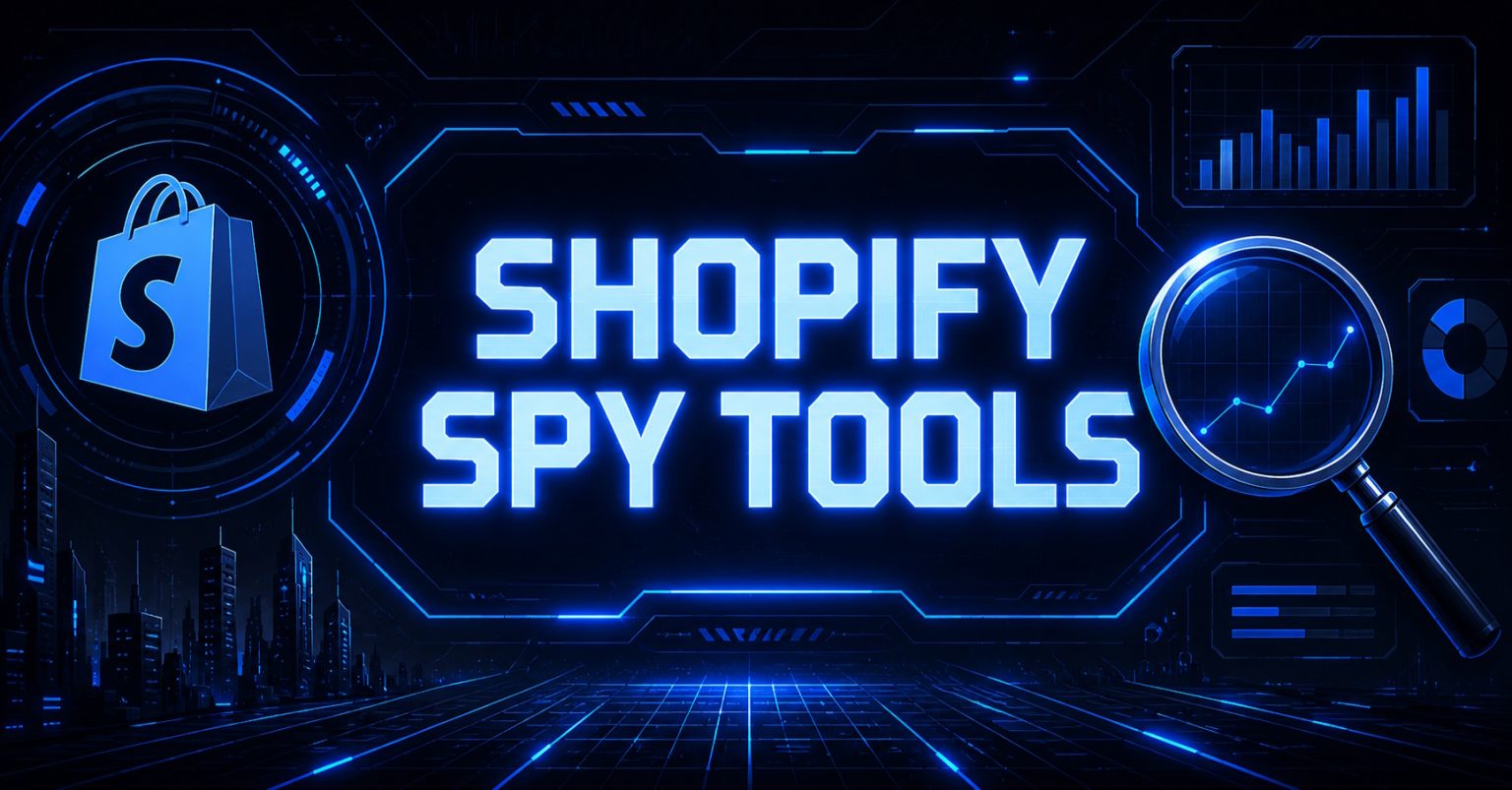 Neon-blue "Shopify Spy Tools" banner with Shopify bag logo.