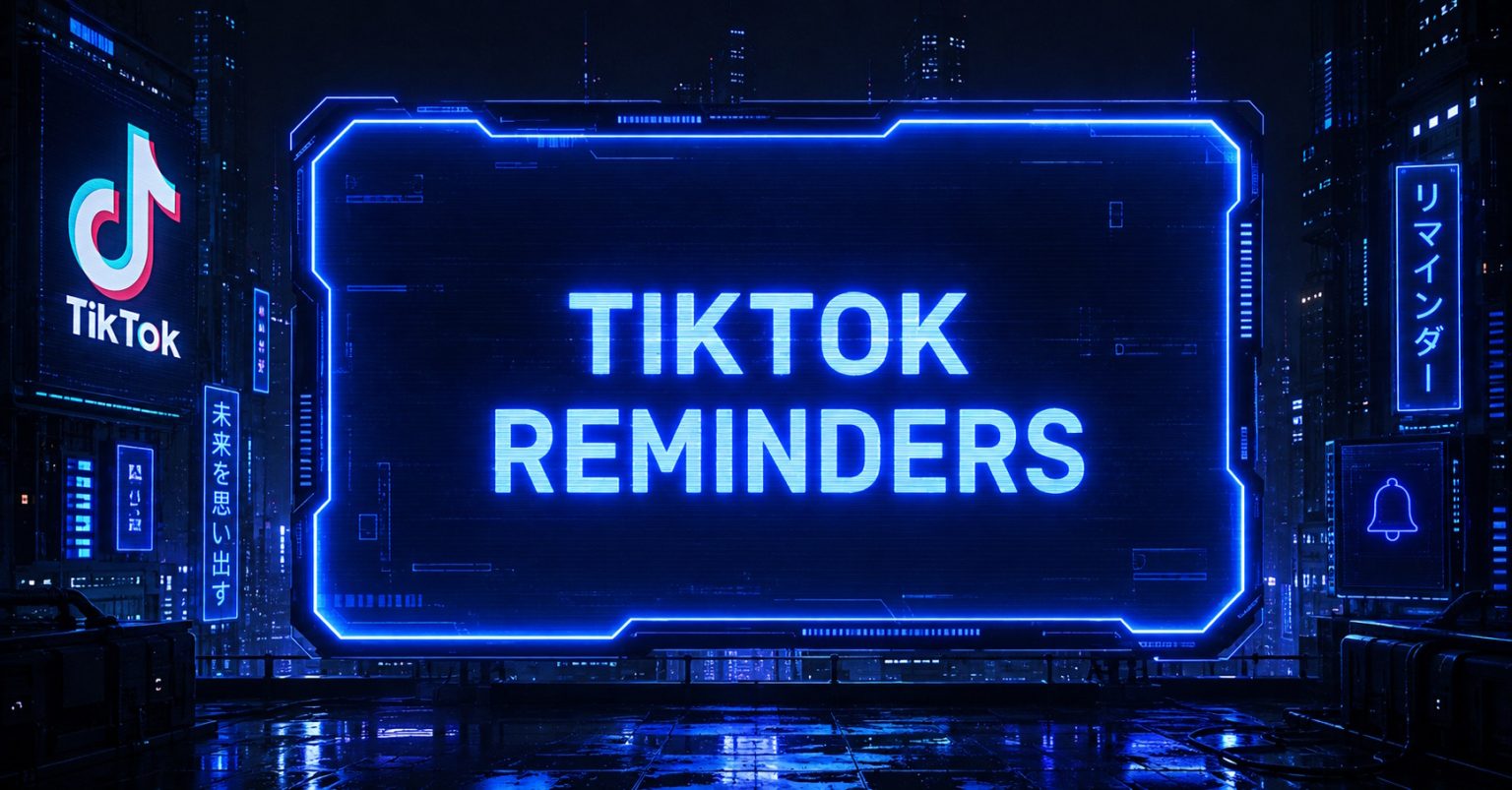 Neon-lit digital billboard displaying "TikTok Reminders" in a futuristic cityscape with the TikTok logo.