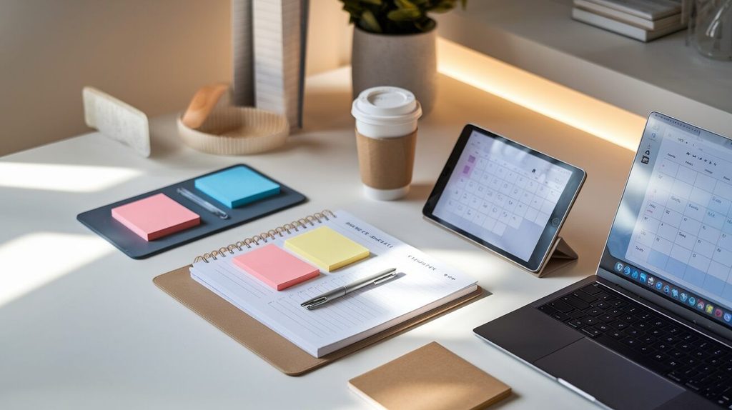 Organized desk with planner, sticky notes, tablet and laptop displaying calendar and scheduling tools.
