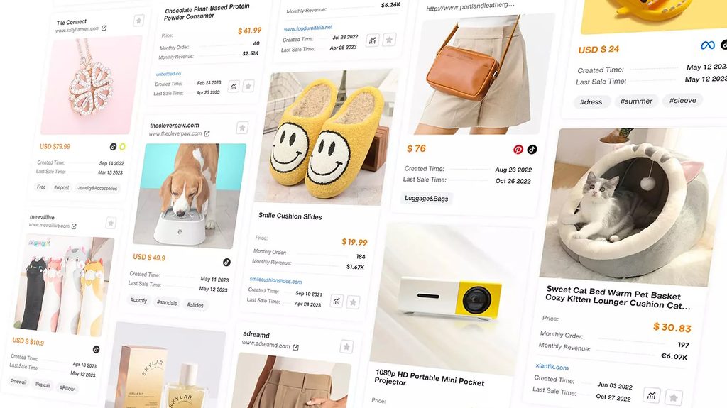 PPSPY product cards showing prices, monthly orders, revenue estimates, store URLs, and sale dates across various niches.