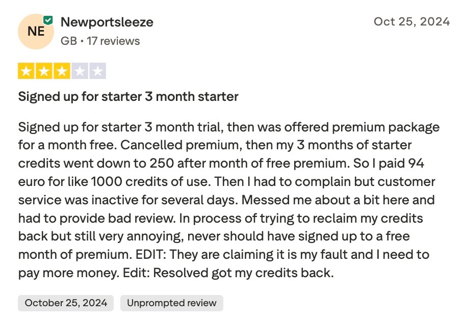 Two-star Trustpilot review citing credit loss and slow customer service after a free premium trial.