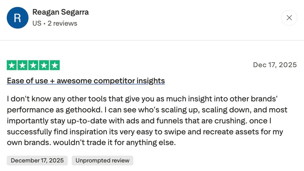 Five-star Trustpilot review by Reagan Segarra praising GetHookd's competitor insights and ad recreation ease.