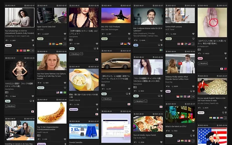 Anstrex dashboard displaying a grid of native ad creatives with network labels, dates, and engagement metrics.