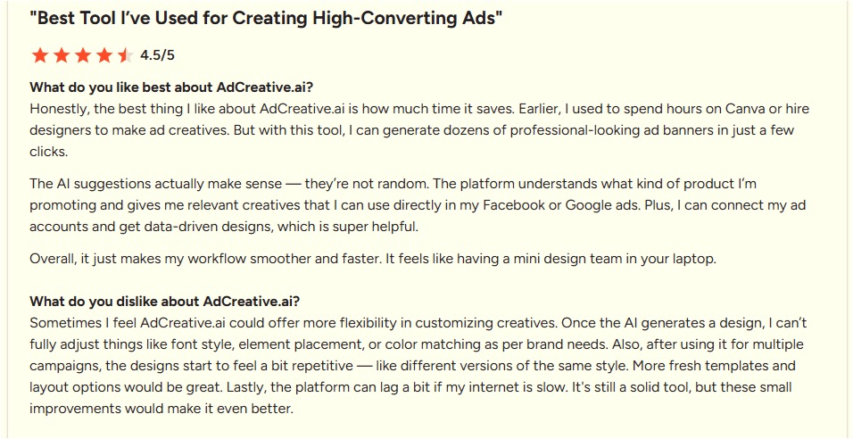 AdCreative.ai G2 review page showing a 4.3 out of 5 rating.