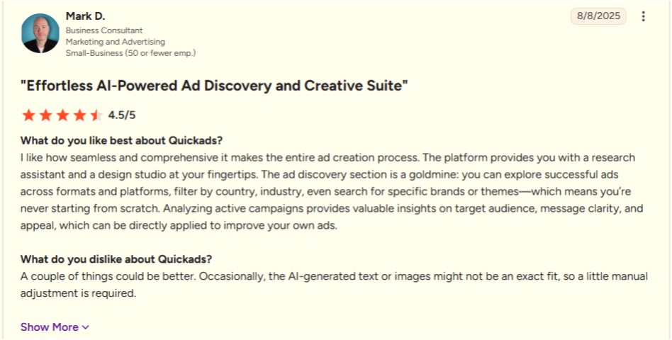 QuickAds G2 review page showing a 4.4 out of 5 rating.