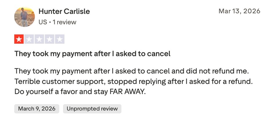 One-star Trustpilot review by Hunter Carlisle alleging unauthorized charge after cancellation and no refund response.