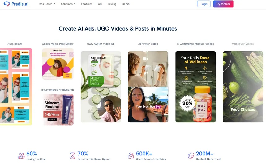 Predis.ai homepage showcasing AI-generated ad creatives, UGC avatar videos, and e-commerce product ads.