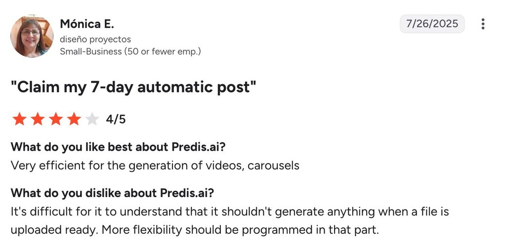 Predis.ai review praising video and carousel creation while requesting more flexibility for uploaded files.