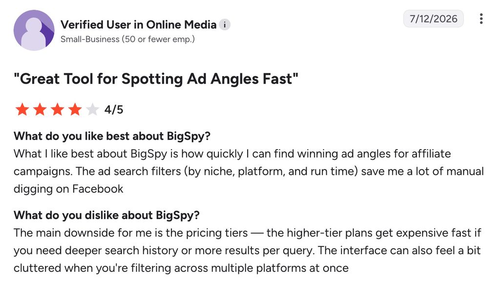 Review highlighting ad search filters and pricing concerns 