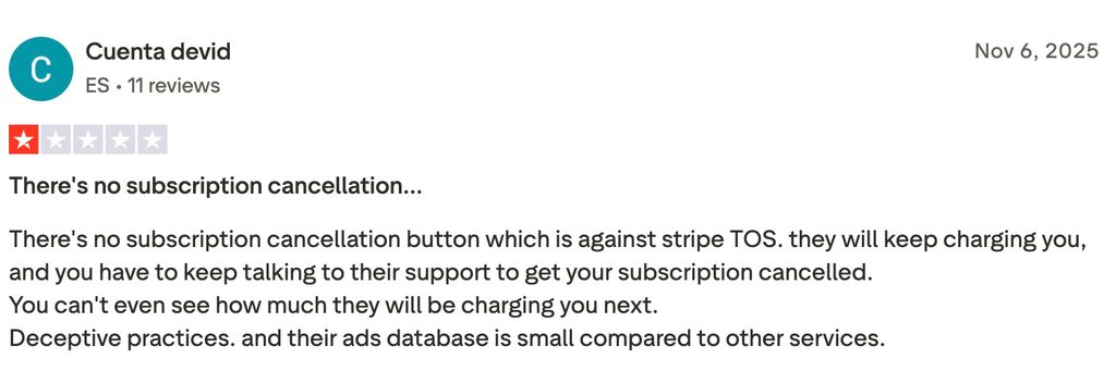 Review highlighting issues with subscription cancellation