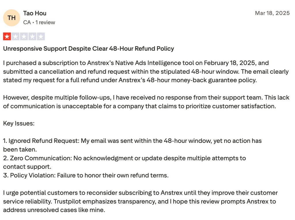 Review highlighting issues with the refund policy