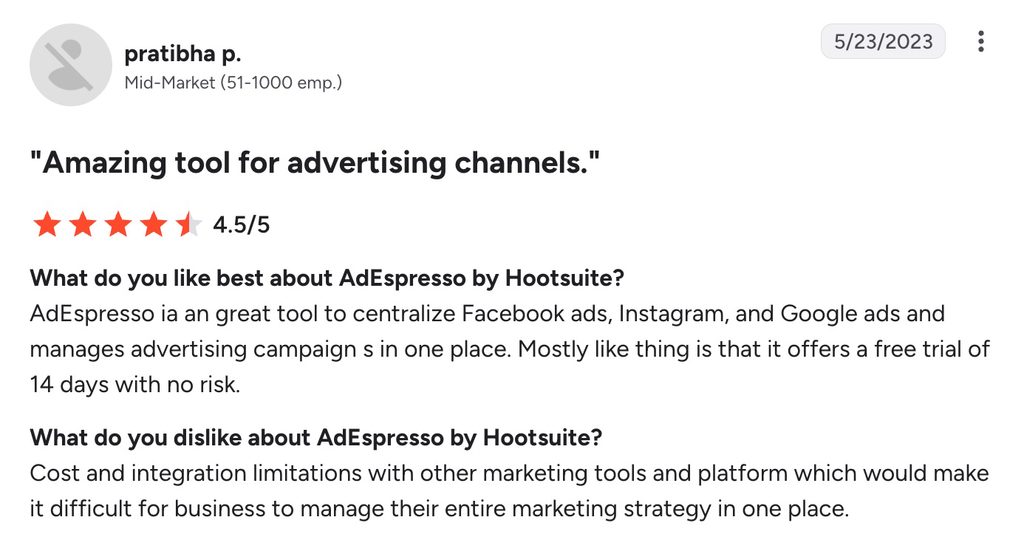Review noting AdEspressos’ helpfulness for centralization of ads and limitations with cost and integrations