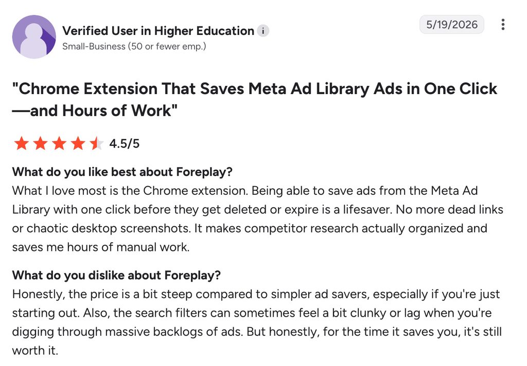 Review noting the Chrome extension and price limitations of Foreplay