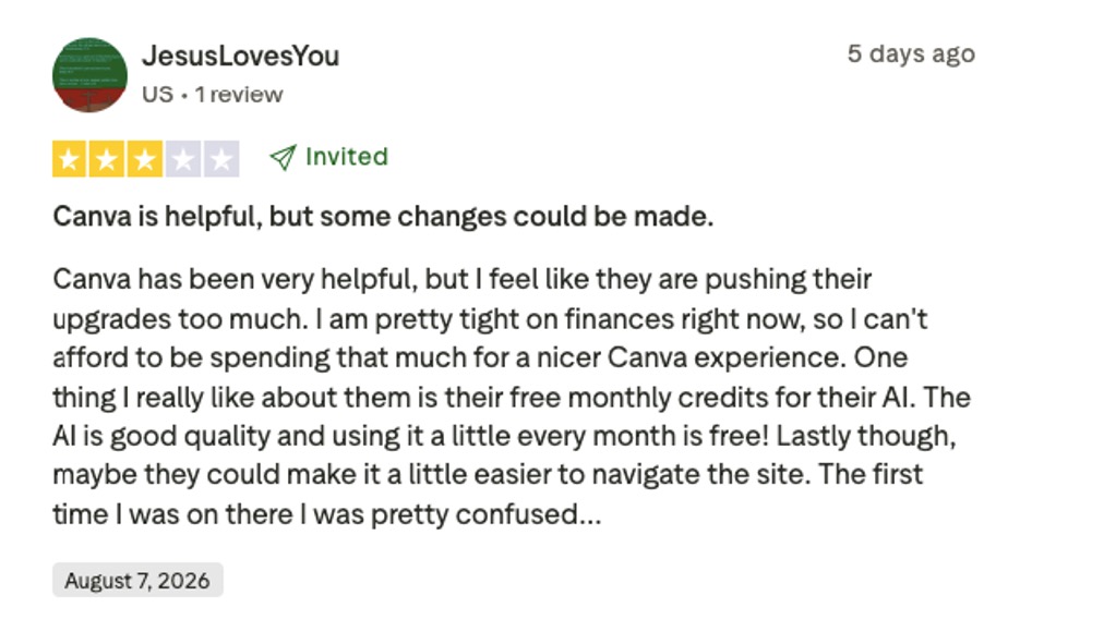 Screenshot of a Canva user’s review.