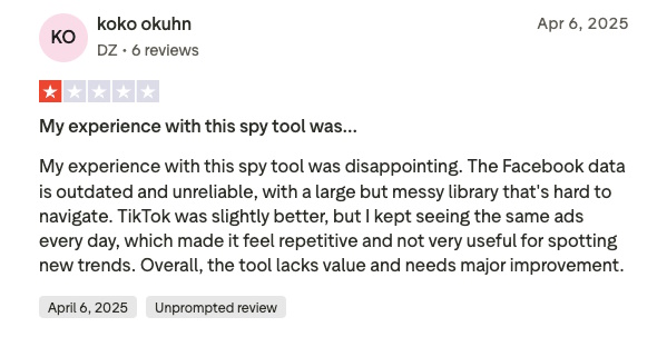 Screenshot of a PipiAds user’s review.