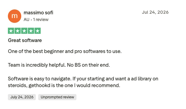 Screenshot of a satisfied user’s 5-star review for GetHookd.