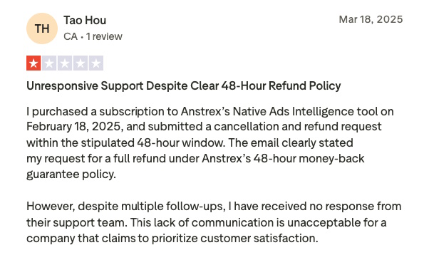 Screenshot of a user’s 1-star review for Anstrex.