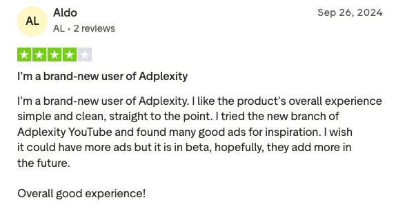 Screenshot of a user’s 4-star review for Adplexity.