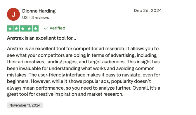 Screenshot of a user’s 5-star review for Anstrex. 