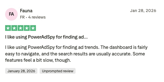 Screenshot of a user’s 5-star review for PowerAdSpy.