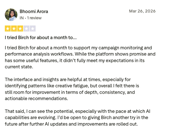 Screenshot of a user’s review for Birch (Revealbot).