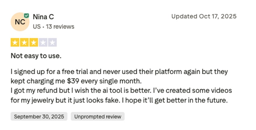 Screenshot of an AdCreative.ai user’s review